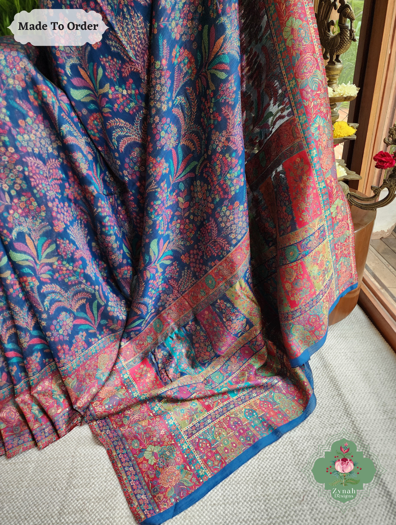Zynah Made To Order Blue Handwoven Kashmiri Pure Kani Silk Jamavar Saree; Custom Stitched/Ready-made Blouse, Fall, Petticoat; SKU: 0110202512