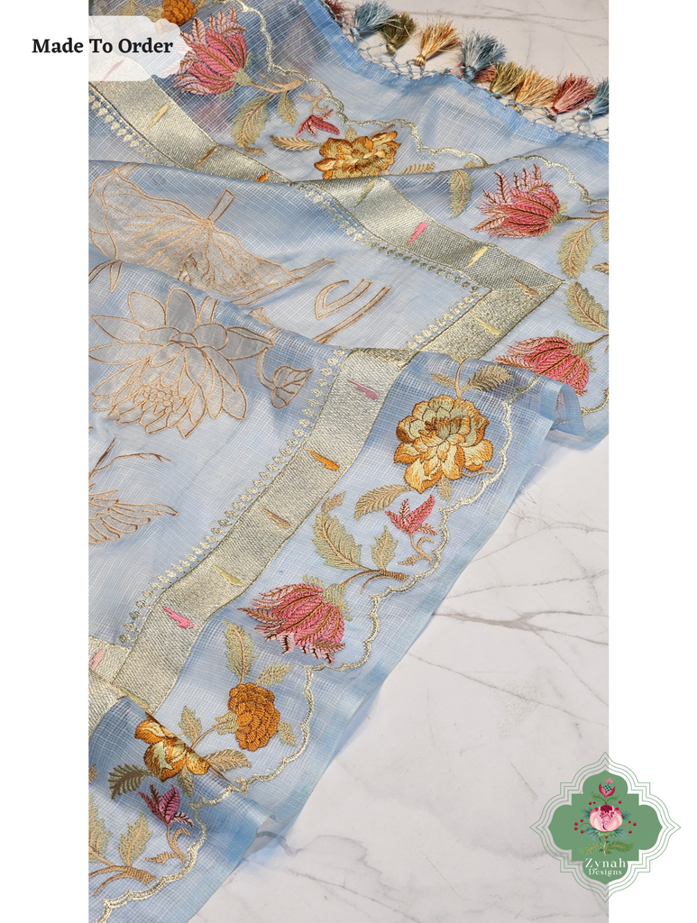 Zynah Made To Order Blue Kota Tussar Silk Saree With Embroidery; Custom Stitched/Ready-made Blouse, Fall, Petticoat; SKU: 1510202501