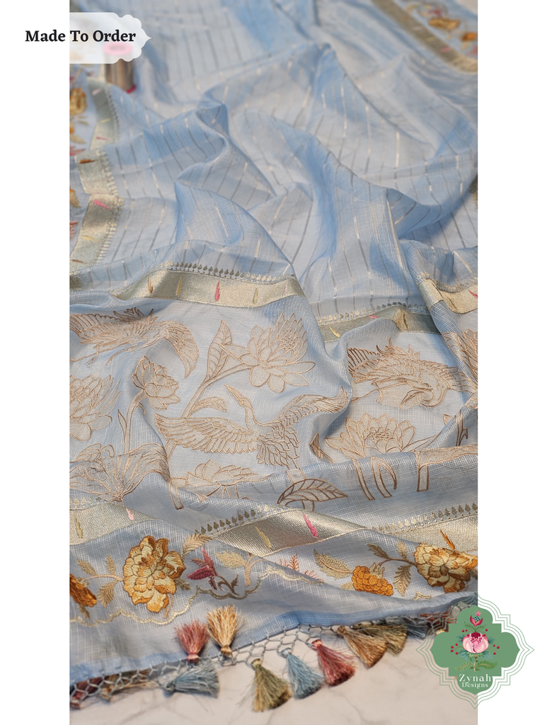 Zynah Made To Order Blue Kota Tussar Silk Saree With Embroidery; Custom Stitched/Ready-made Blouse, Fall, Petticoat; SKU: 1510202501