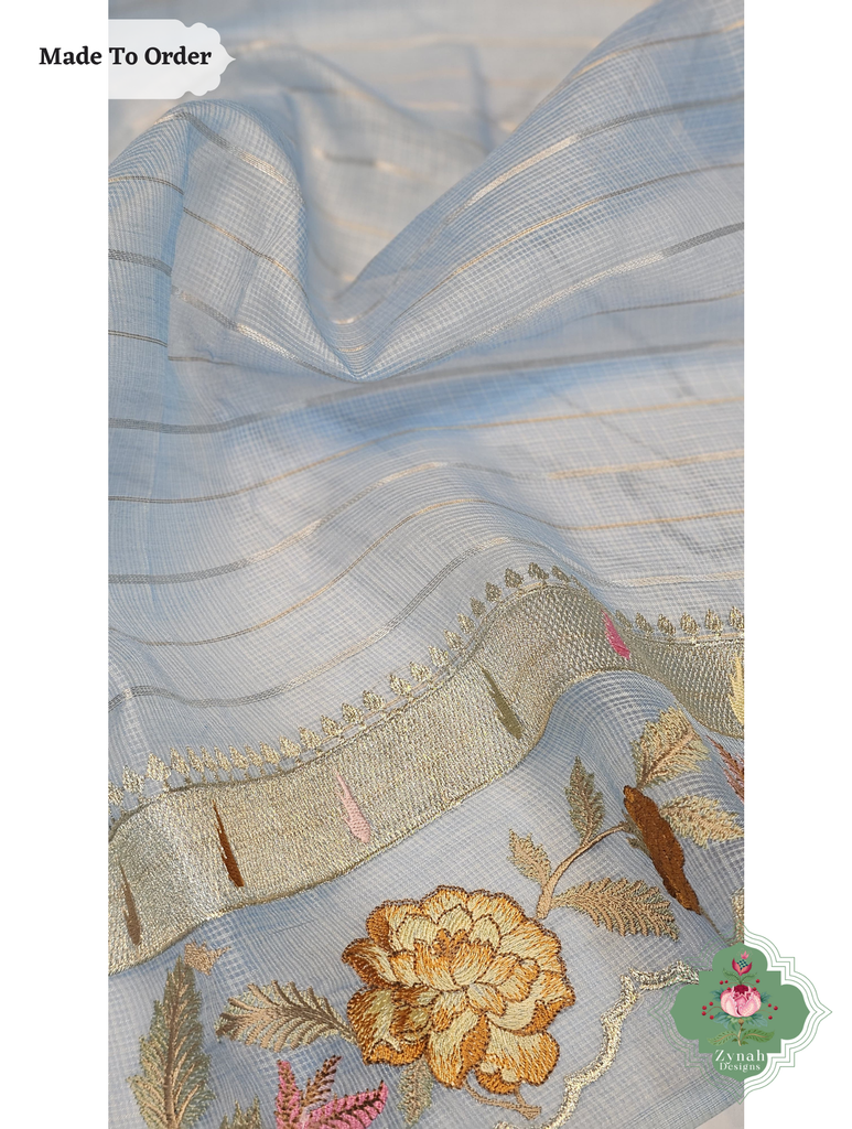 Zynah Made To Order Blue Kota Tussar Silk Saree With Embroidery; Custom Stitched/Ready-made Blouse, Fall, Petticoat; SKU: 1510202501