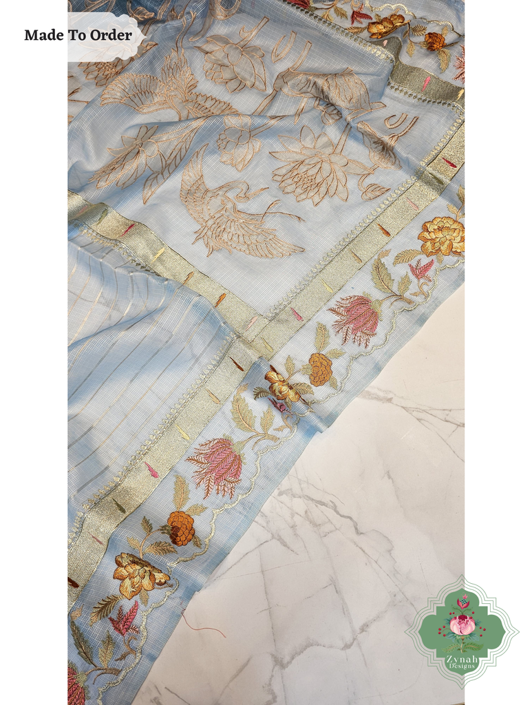 Zynah Made To Order Blue Kota Tussar Silk Saree With Embroidery; Custom Stitched/Ready-made Blouse, Fall, Petticoat; SKU: 1510202501