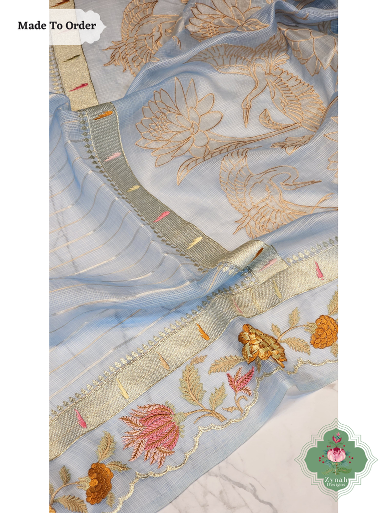 Zynah Made To Order Blue Kota Tussar Silk Saree With Embroidery; Custom Stitched/Ready-made Blouse, Fall, Petticoat; SKU: 1510202501