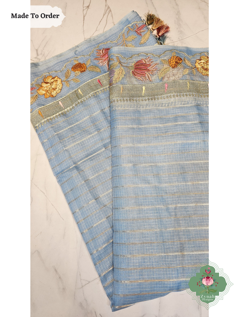 Zynah Made To Order Blue Kota Tussar Silk Saree With Embroidery; Custom Stitched/Ready-made Blouse, Fall, Petticoat; SKU: 1510202501