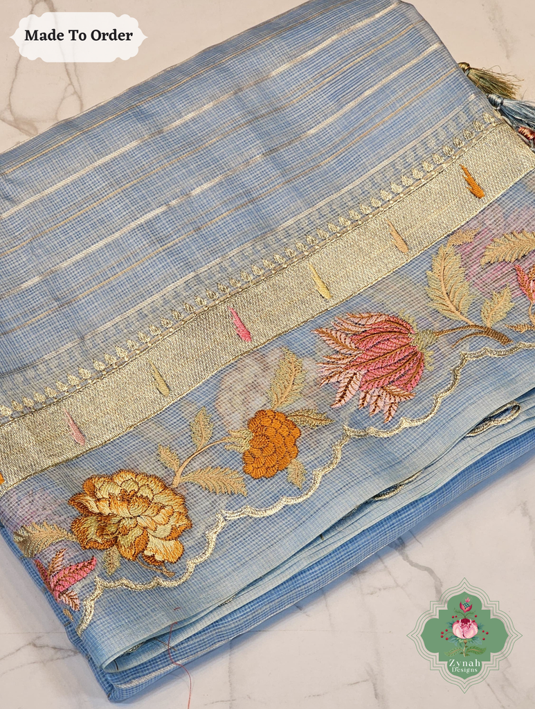 Zynah Made To Order Blue Kota Tussar Silk Saree With Embroidery; Custom Stitched/Ready-made Blouse, Fall, Petticoat; SKU: 1510202501