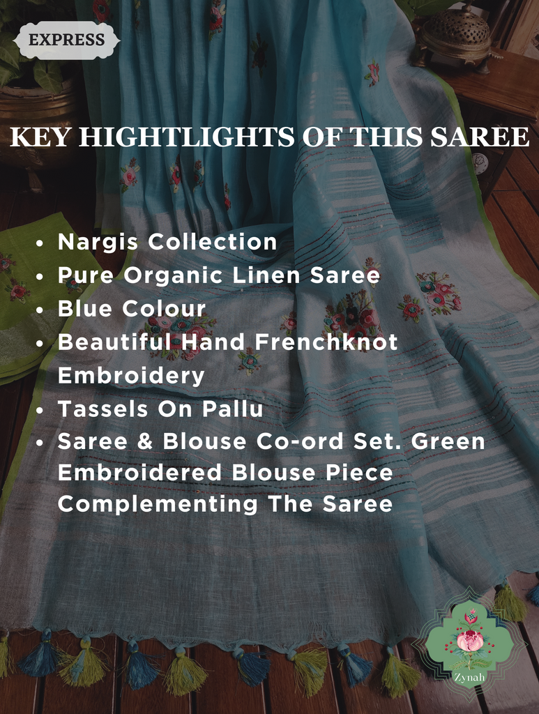 Blue Organic Linen Saree With Hand Frenchknot Embroidery and Kantha Work Pallu 2