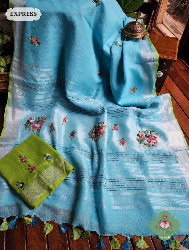 Blue Organic Linen Saree With Hand Frenchknot Embroidery and Kantha Work Pallu 4