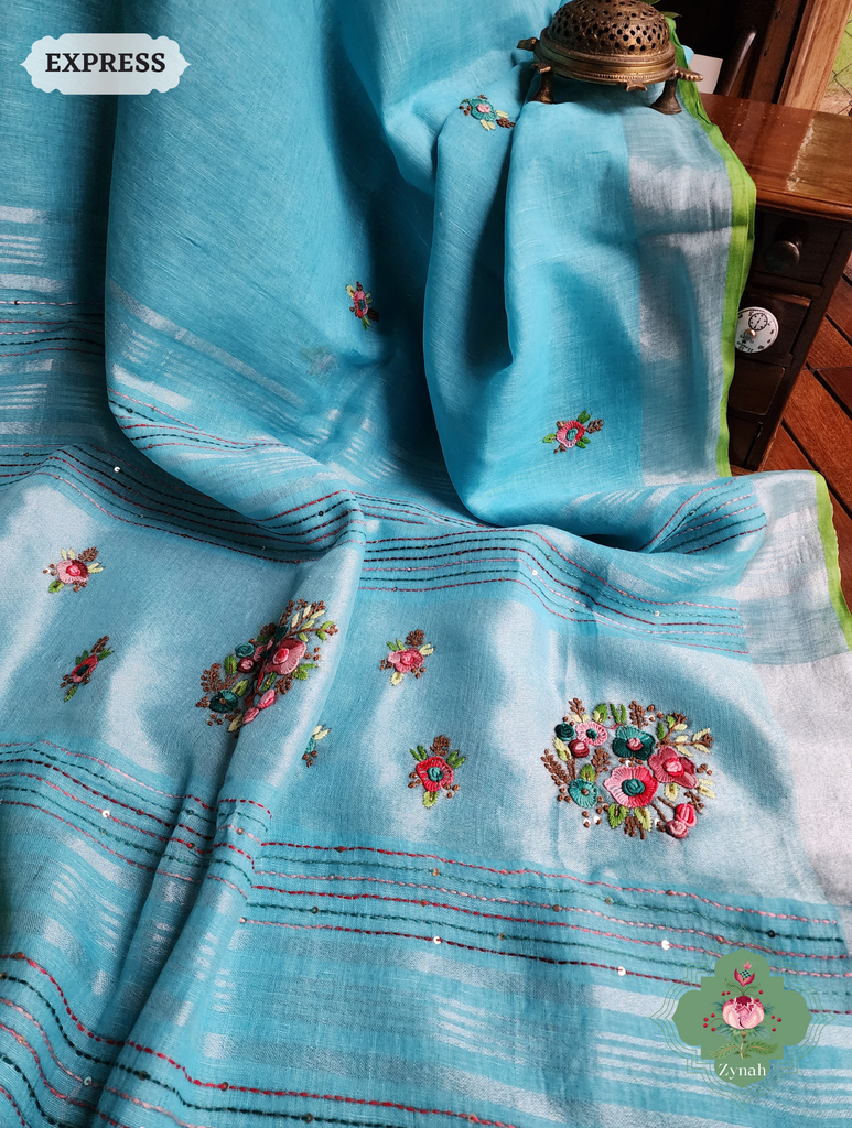 Blue Organic Linen Saree With Hand Frenchknot Embroidery and Kantha Work Pallu 5