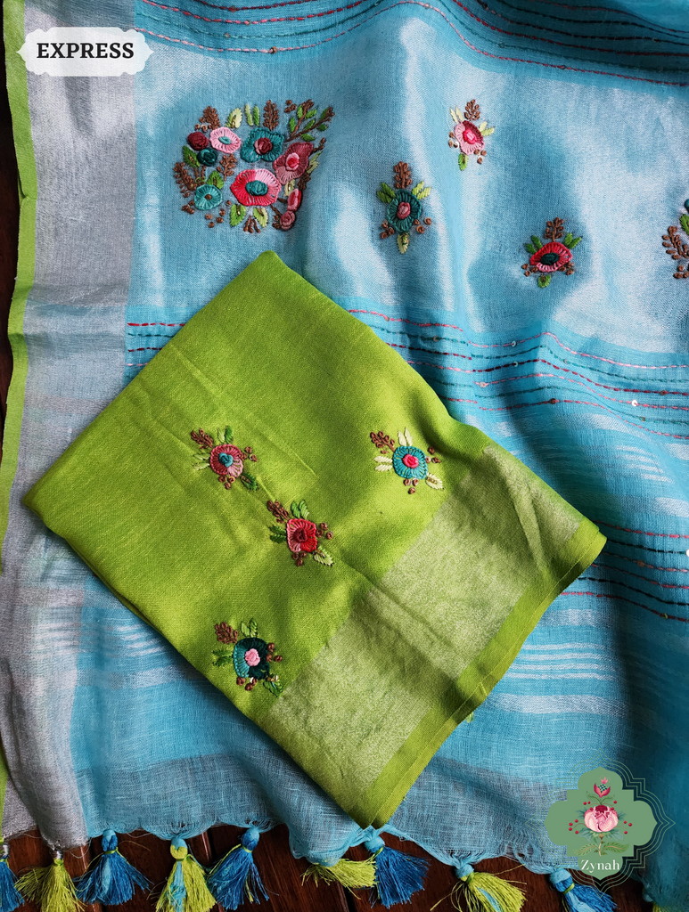 Blue Organic Linen Saree With Hand Frenchknot Embroidery and Kantha Work Pallu 8