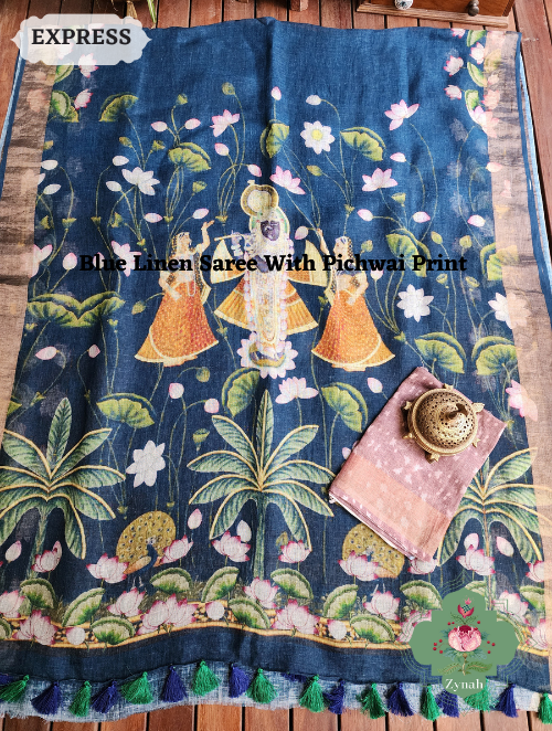 Zynah Blue Linen Saree With Pichwai Print; Custom Stitched/Ready-made Blouse, Fall, Petticoat; SKU: 2504202301
