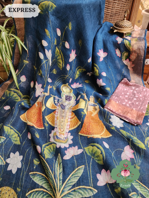 Zynah Blue Linen Saree With Pichwai Print; Custom Stitched/Ready-made Blouse, Fall, Petticoat; SKU: 2504202301