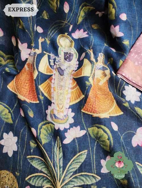 Zynah Blue Linen Saree With Pichwai Print; Custom Stitched/Ready-made Blouse, Fall, Petticoat; SKU: 2504202301