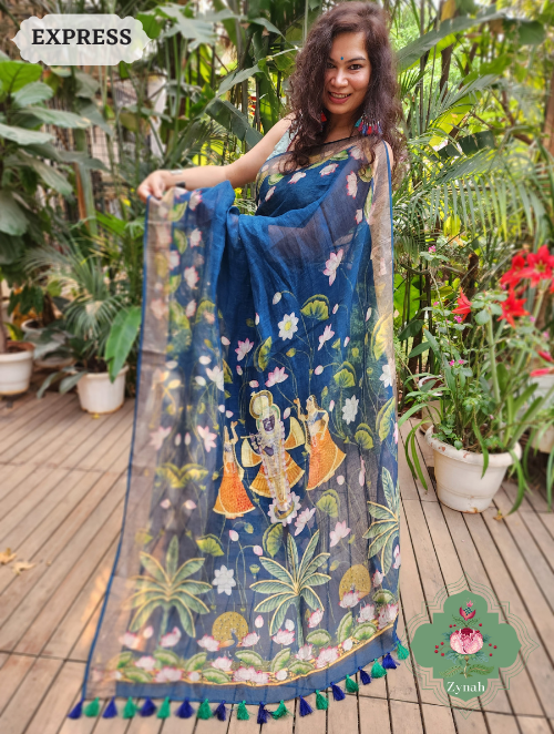 Zynah Blue Linen Saree With Pichwai Print; Custom Stitched/Ready-made Blouse, Fall, Petticoat; SKU: 2504202301