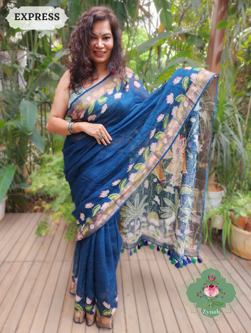 Zynah Blue Linen Saree With Pichwai Print; Custom Stitched/Ready-made Blouse, Fall, Petticoat; SKU: 2504202301