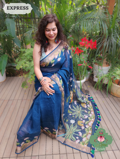 Zynah Blue Linen Saree With Pichwai Print; Custom Stitched/Ready-made Blouse, Fall, Petticoat; SKU: 2504202301