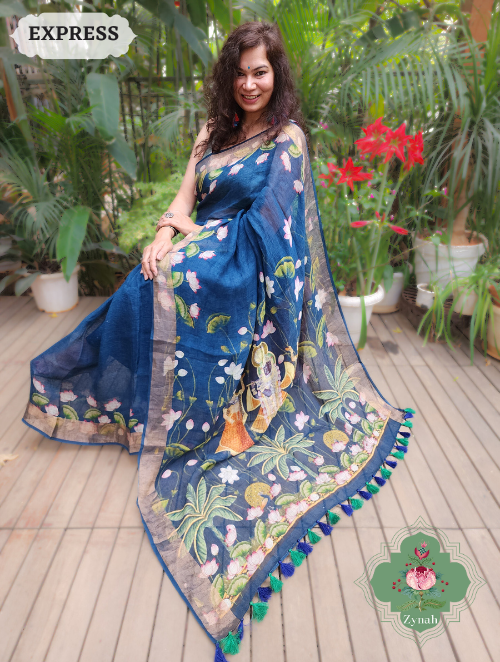 Zynah Blue Linen Saree With Pichwai Print; Custom Stitched/Ready-made Blouse, Fall, Petticoat; SKU: 2504202301