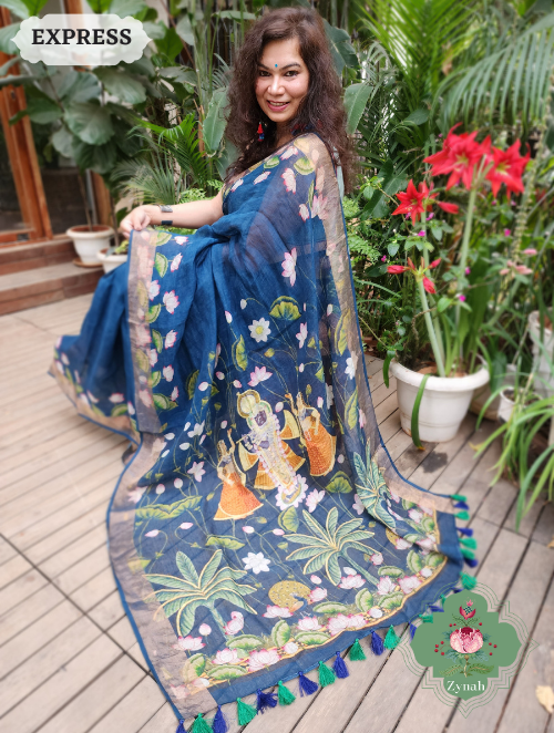 Zynah Blue Linen Saree With Pichwai Print; Custom Stitched/Ready-made Blouse, Fall, Petticoat; SKU: 2504202301