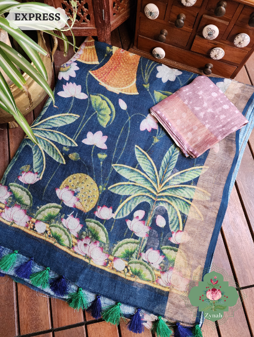 Zynah Blue Linen Saree With Pichwai Print; Custom Stitched/Ready-made Blouse, Fall, Petticoat; SKU: 2504202301