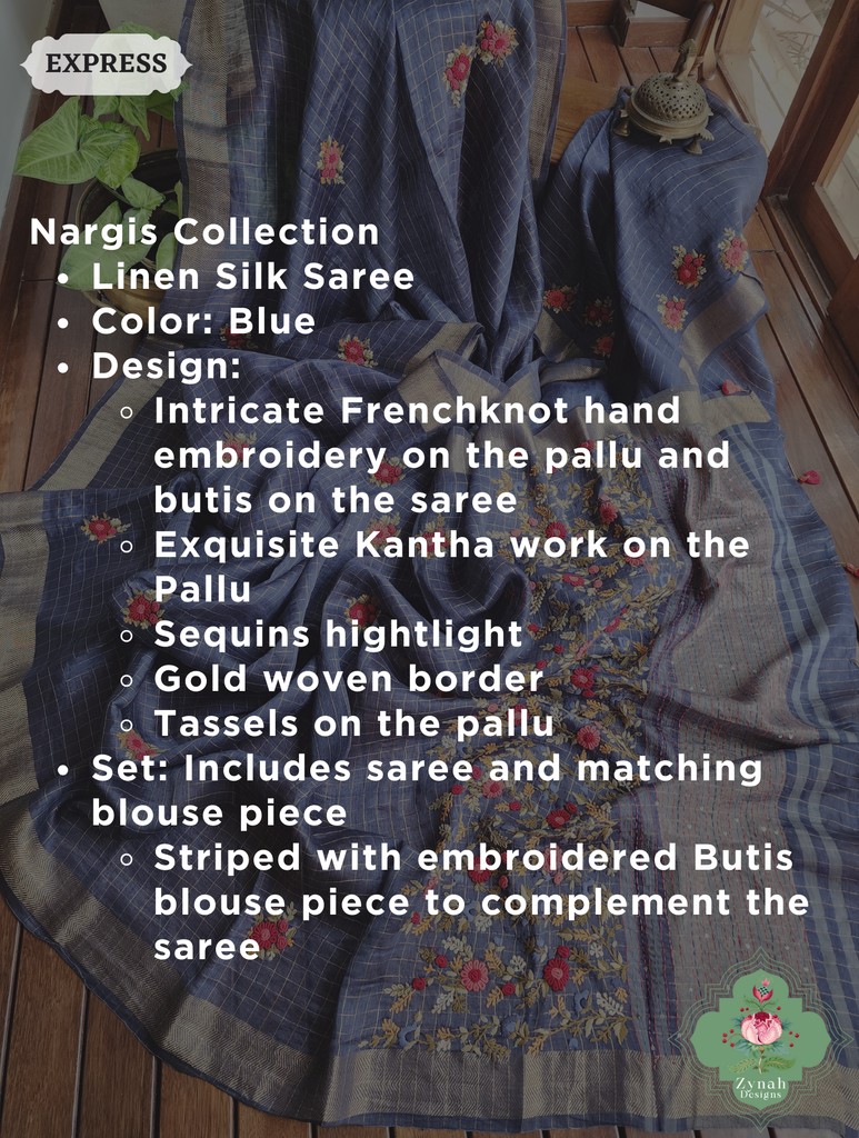 Blue Linen Silk Saree With Frenchknot Hand Embroidery 2