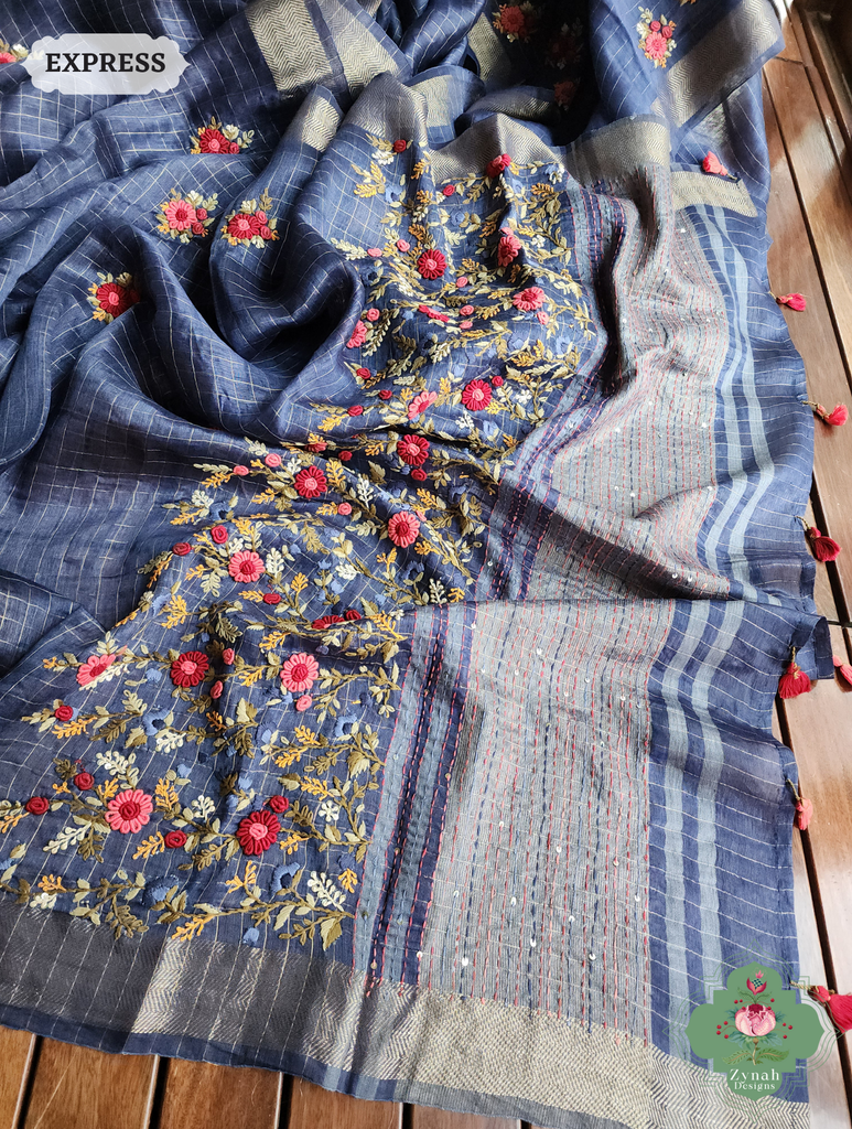 Blue Linen Silk Saree With Frenchknot Hand Embroidery 4