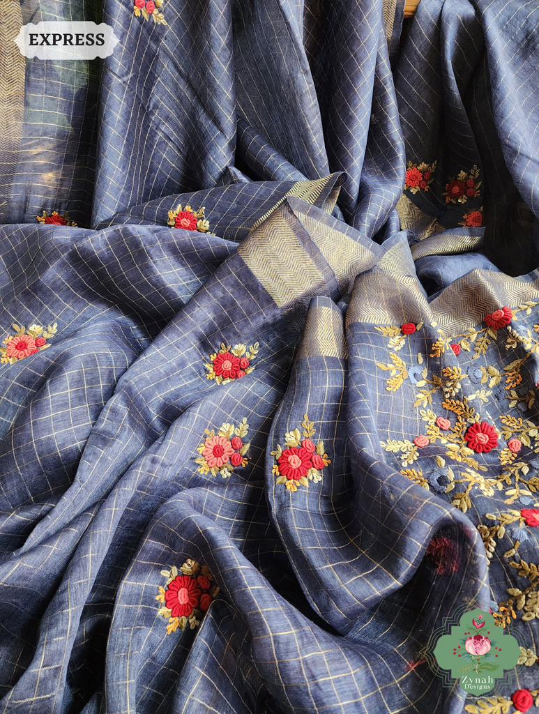 Blue Linen Silk Saree With Frenchknot Hand Embroidery 5