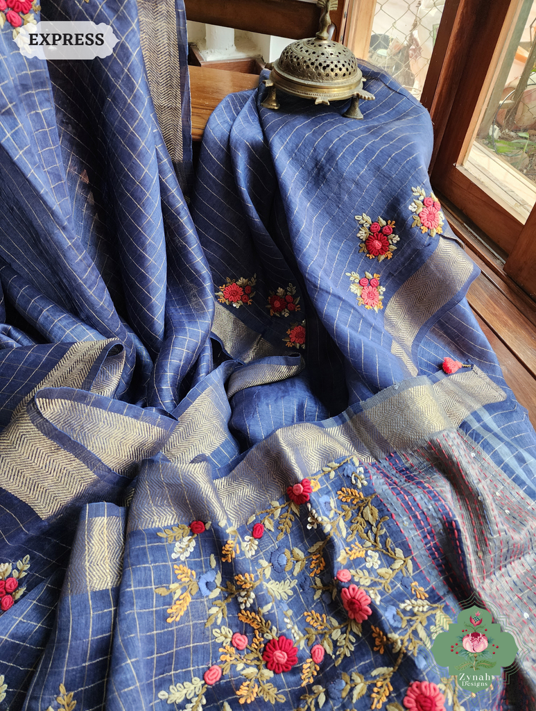 Blue Linen Silk Saree With Frenchknot Hand Embroidery 6