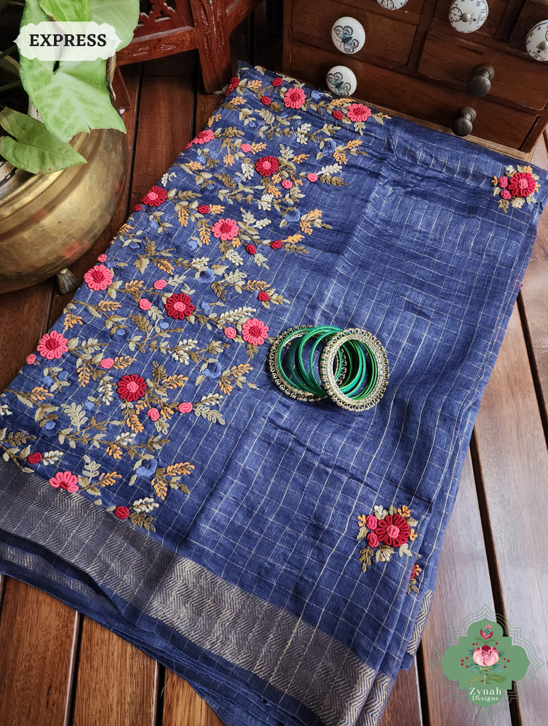Blue Linen Silk Saree With Frenchknot Hand Embroidery 8
