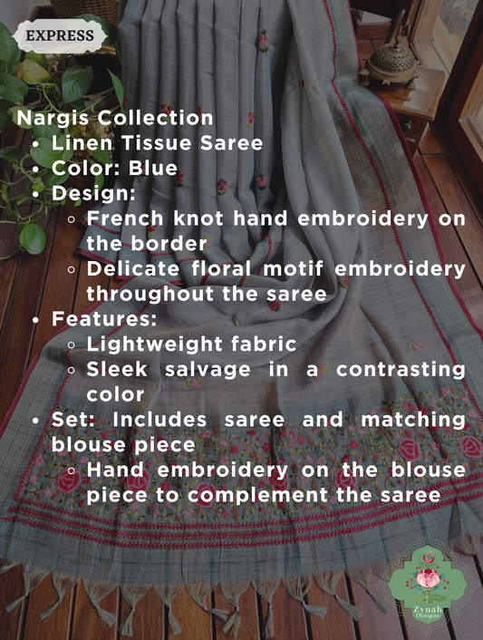 Blue Linen Tissue Saree With Frenchknot Hand Embroidery 2
