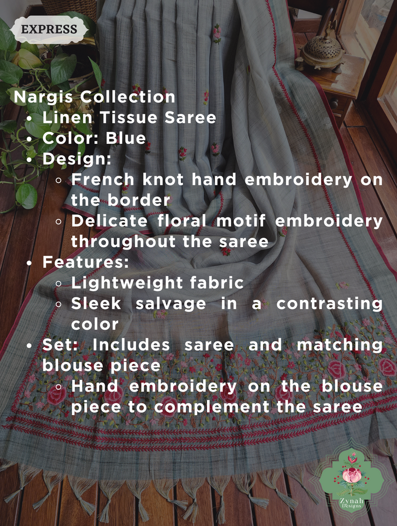 Blue Linen Tissue Saree With Frenchknot Hand Embroidery 2