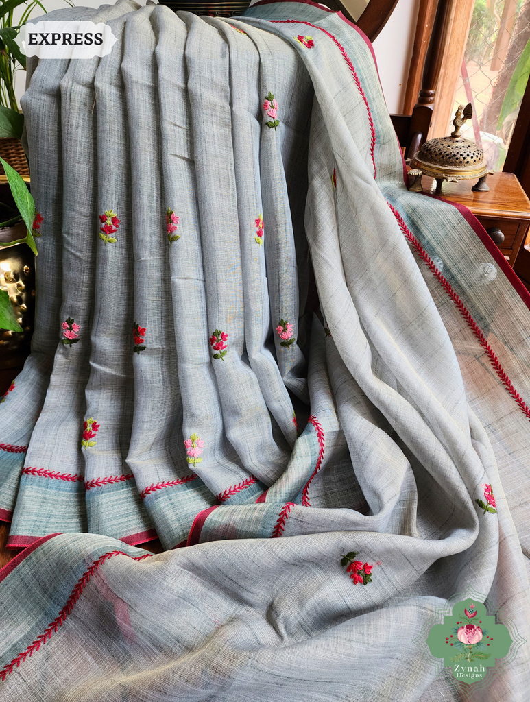 Blue Linen Tissue Saree With Frenchknot Hand Embroidery 3
