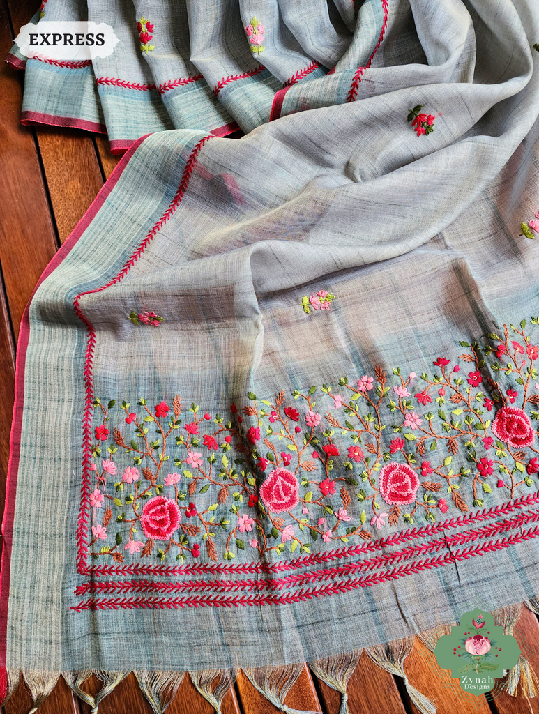 Blue Linen Tissue Saree With Frenchknot Hand Embroidery 4