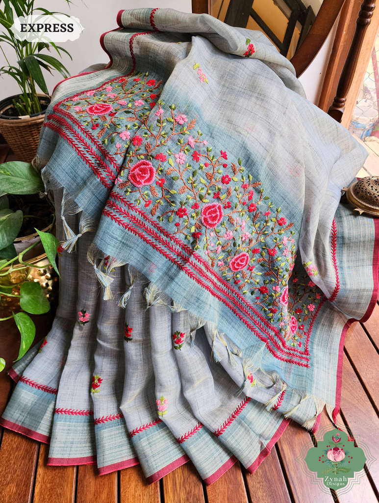 Blue Linen Tissue Saree With Frenchknot Hand Embroidery 5