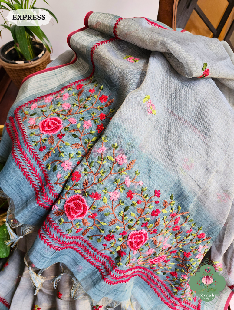 Blue Linen Tissue Saree With Frenchknot Hand Embroidery 6