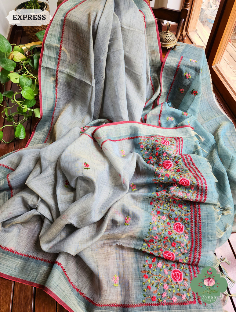 Blue Linen Tissue Saree With Frenchknot Hand Embroidery 8
