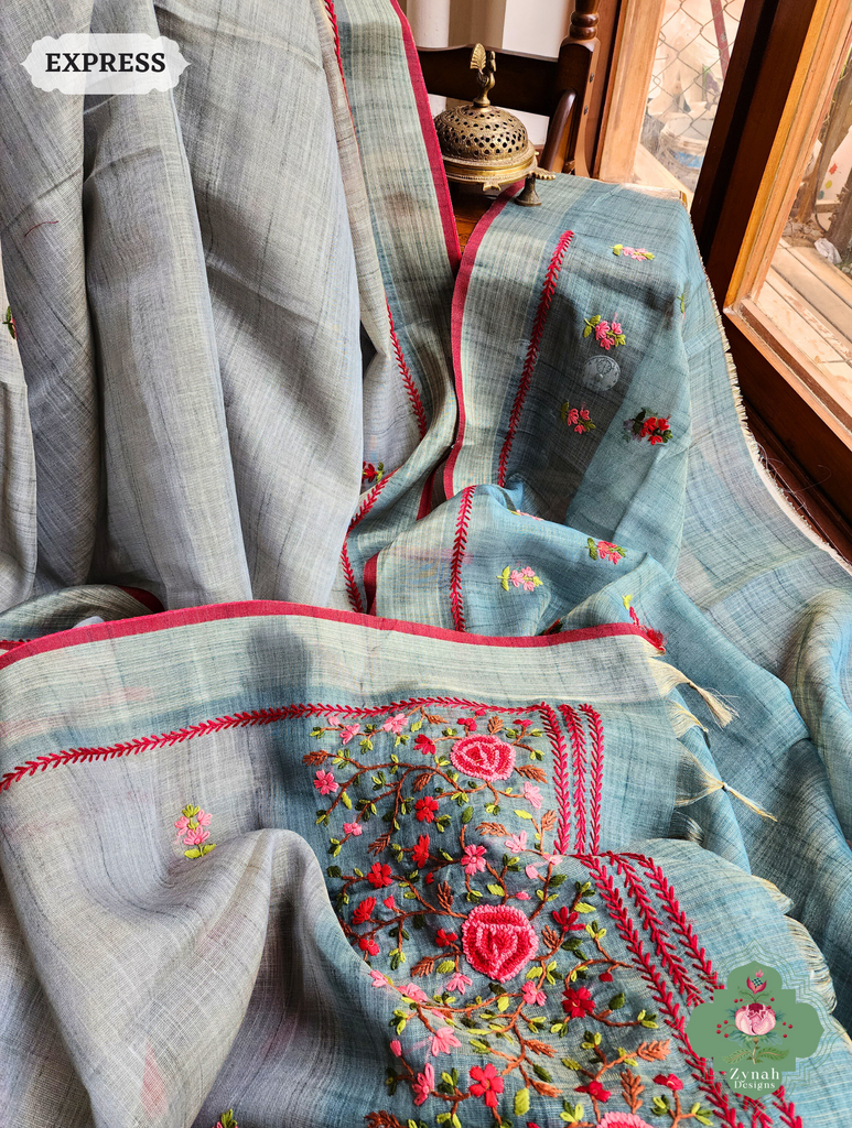 Blue Linen Tissue Saree With Frenchknot Hand Embroidery 9
