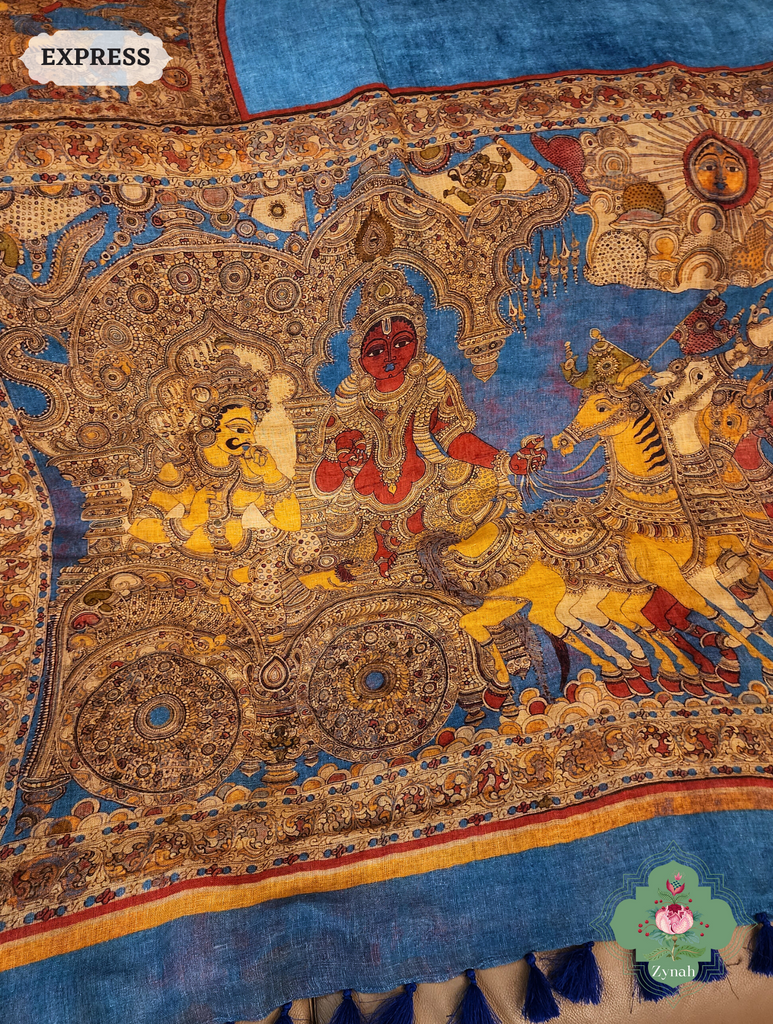 Blue Organic Linen Saree With Kalamkari Print 10