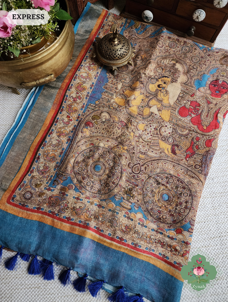 Blue Organic Linen Saree With Kalamkari Print 11