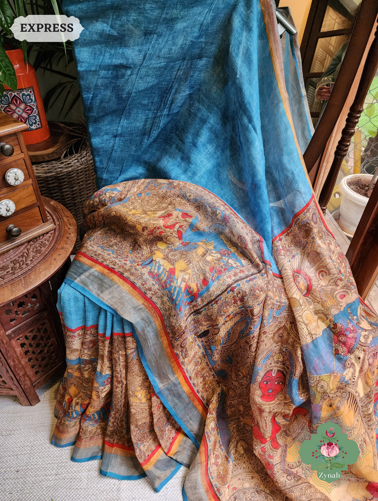 Blue Organic Linen Saree With Kalamkari Print 4