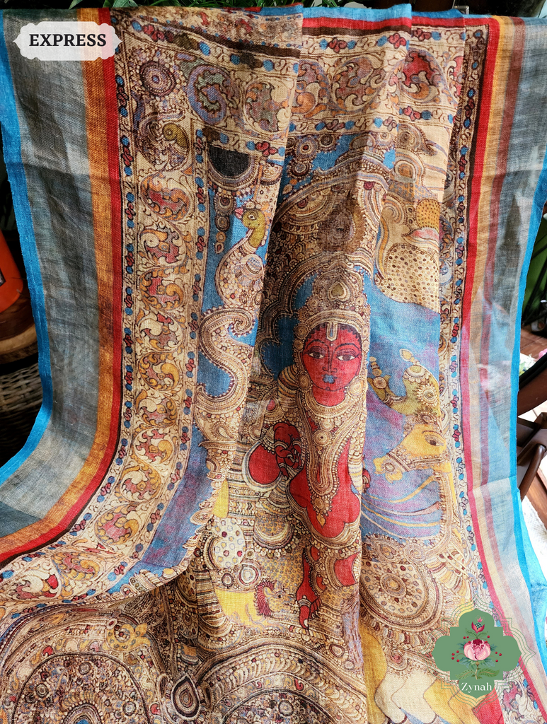 Blue Organic Linen Saree With Kalamkari Print 5