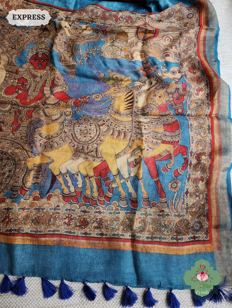 Blue Organic Linen Saree With Kalamkari Print 8