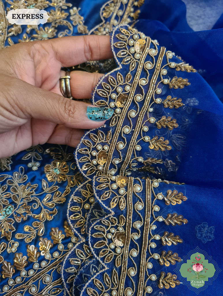 Royal Blue Pure Organza Silk Saree with Zardozi, Pearl beads and Sequins Hand Embroidery10