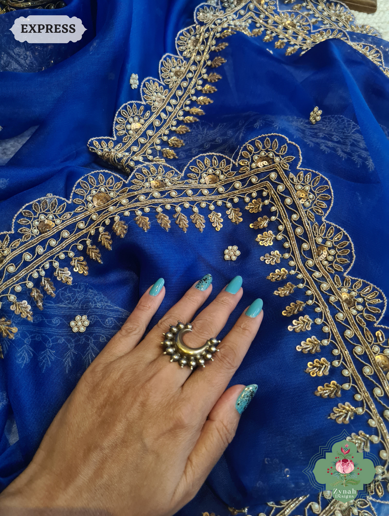 Royal Blue Pure Organza Silk Saree with Zardozi, Pearl beads and Sequins Hand Embroidery11
