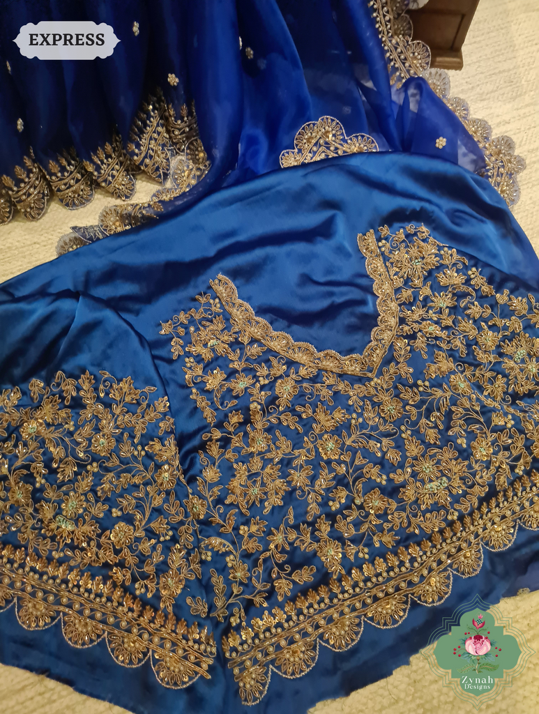 Royal Blue Pure Organza Silk Saree with Zardozi, Pearl beads and Sequins Hand Embroidery12