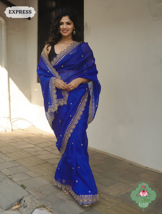 Royal Blue Pure Organza Silk Saree with Zardozi, Pearl beads and Sequins Hand Embroidery 1
