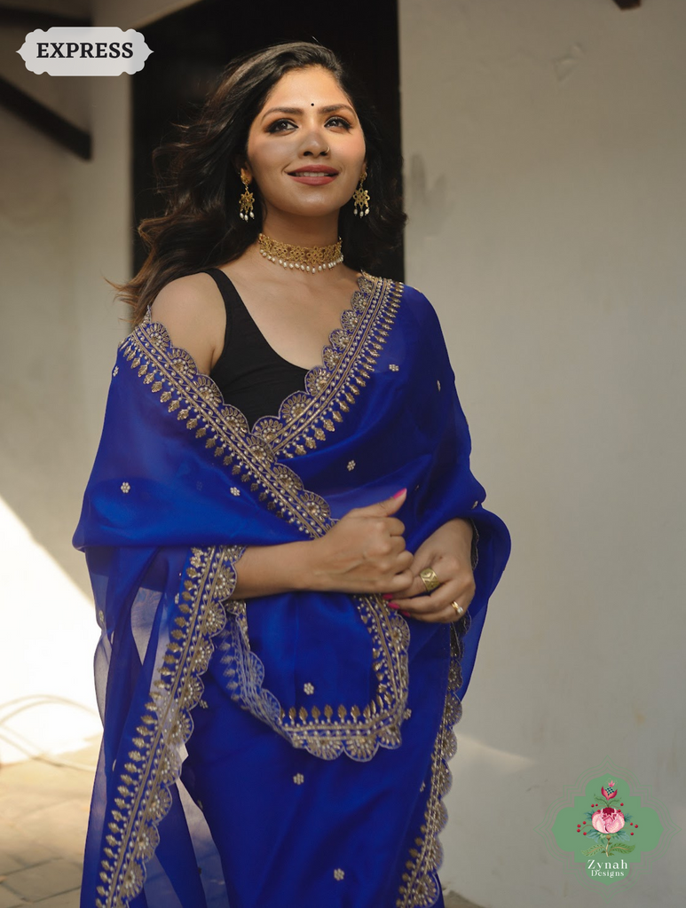 Royal Blue Pure Organza Silk Saree with Zardozi, Pearl beads and Sequins Hand Embroidery3