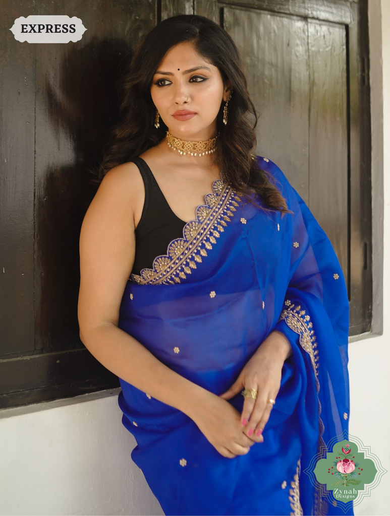 Royal Blue Pure Organza Silk Saree with Zardozi, Pearl beads and Sequins Hand Embroidery4