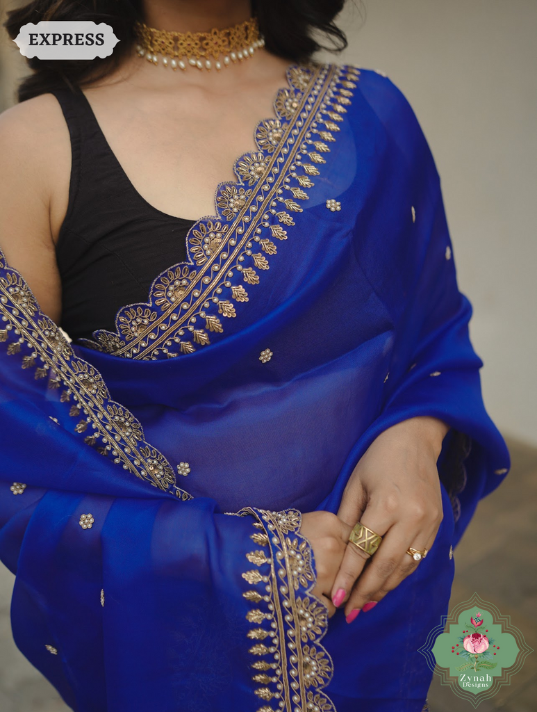 Royal Blue Pure Organza Silk Saree with Zardozi, Pearl beads and Sequins Hand Embroidery5