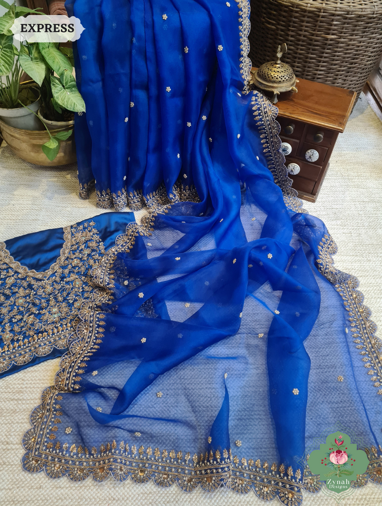 Royal Blue Pure Organza Silk Saree with Zardozi, Pearl beads and Sequins Hand Embroidery6