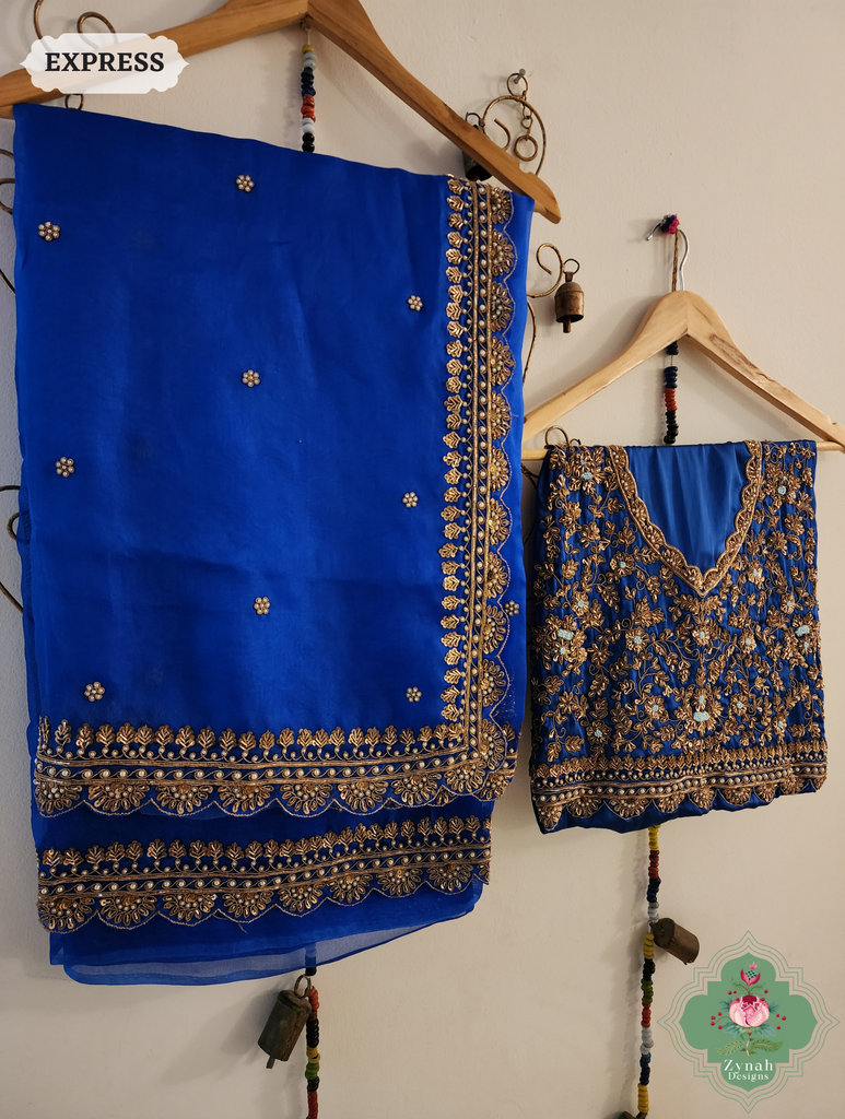 Royal Blue Pure Organza Silk Saree with Zardozi, Pearl beads and Sequins Hand Embroidery7