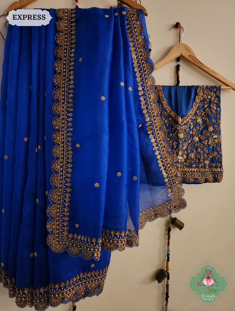 Royal Blue Pure Organza Silk Saree with Zardozi, Pearl beads and Sequins Hand Embroidery8