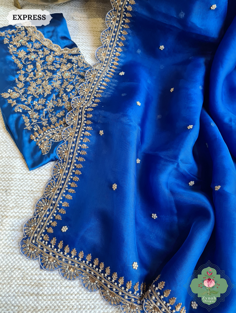 Royal Blue Pure Organza Silk Saree with Zardozi, Pearl beads and Sequins Hand Embroidery9